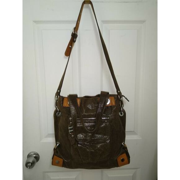 B. Makowsky Brown Metallic Leather Large Satchel Shoulder Bag - Picture 5 of 12